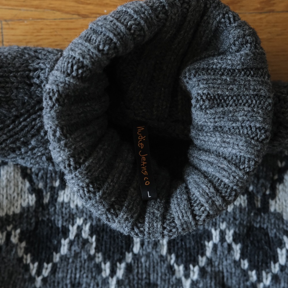 Nudie Jeans Turtleneck Gray Fair Isle Nordic Wool Winter Large Sweater - Picture 3 of 8